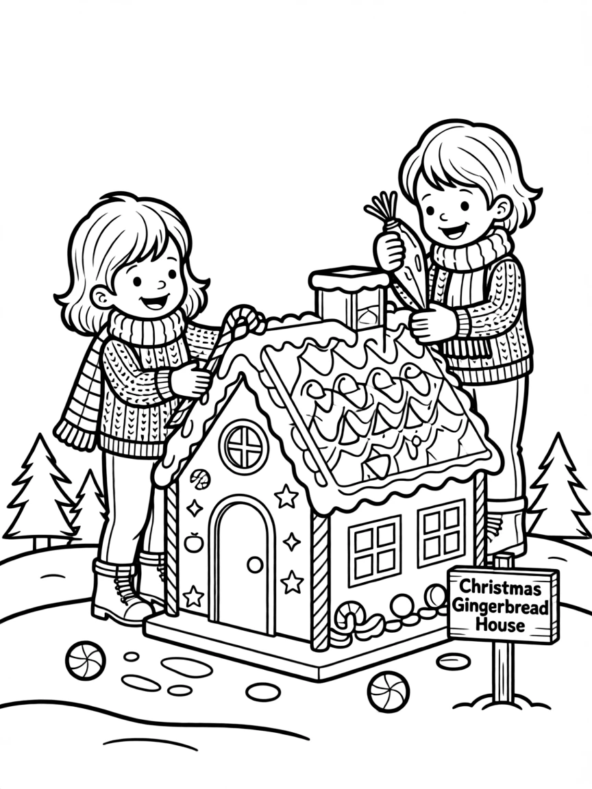(Finland) Children decorating a gingerbread house for Christmas.