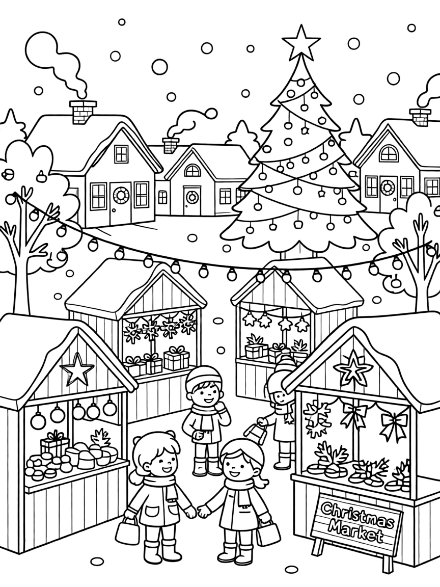 (Finland) A snowy village market at Christmas with lights and decorations.