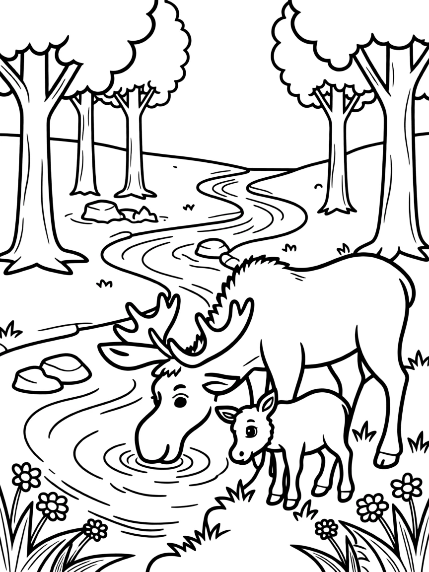 (Finland) A mother moose and her calf drinking from a forest stream.