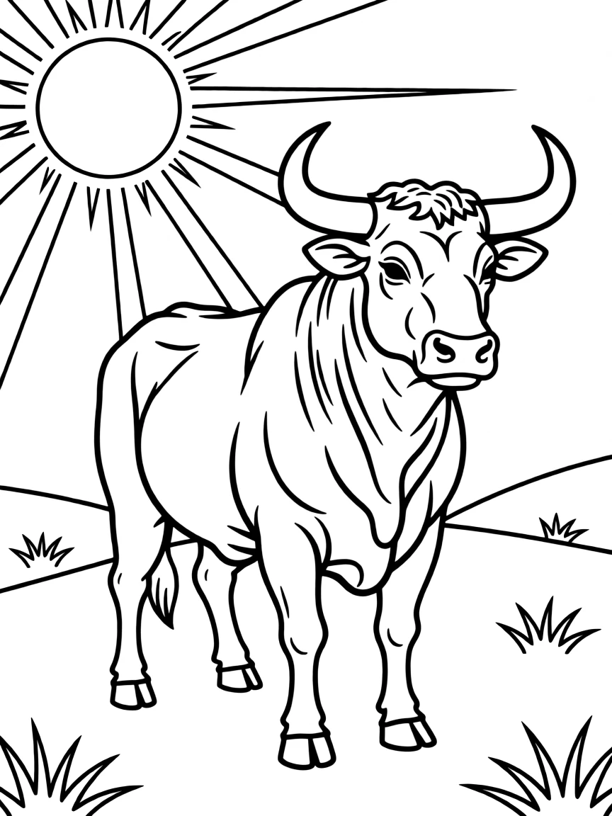 (Spain) A strong Spanish bull standing proudly in a sunny field.