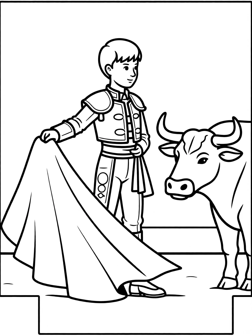 (Spain) A matador in traditional costume waving a red cape at a bull.