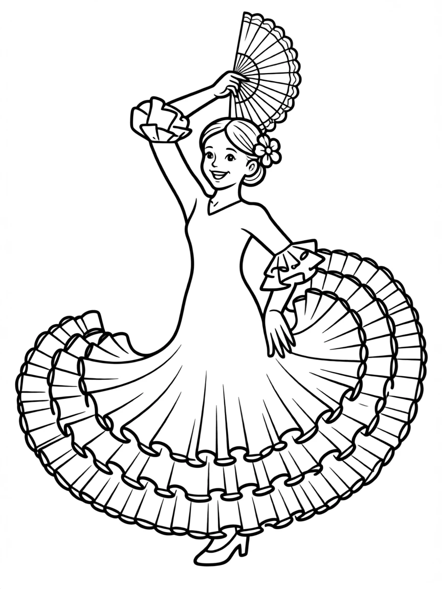 (Spain) A flamenco dancer in a red ruffled dress twirling with a fan.