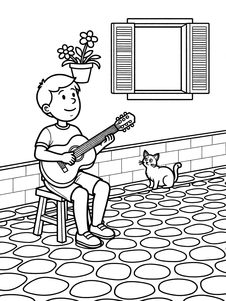 (Spain) A guitarist serenading with a Spanish guitar on a cobbled street.