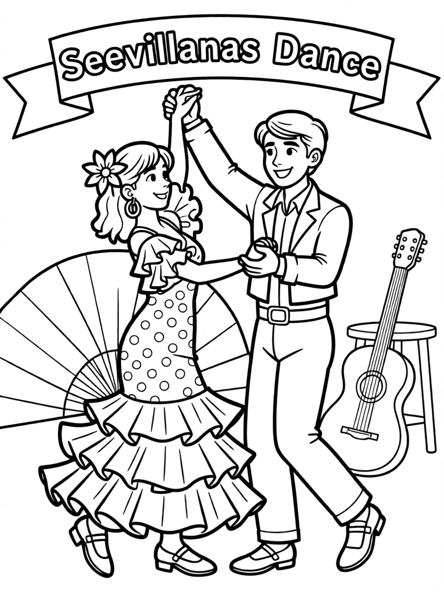 (Spain) A couple dancing the Sevillanas in colorful flamenco outfits.