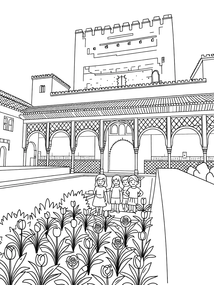 (Spain) The Alhambra palace with ornate arches and blooming gardens.