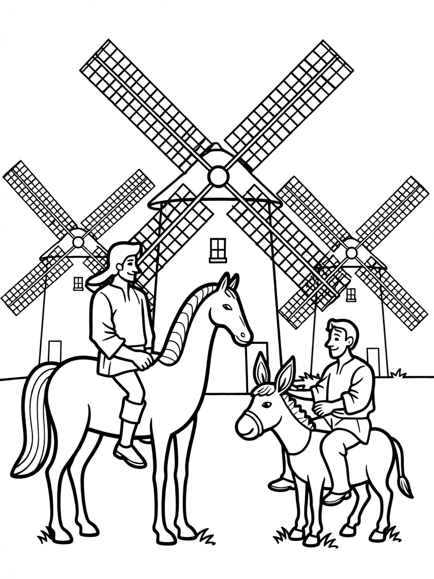 (Spain) Don Quixote on his horse and Sancho Panza on a donkey near windmills.