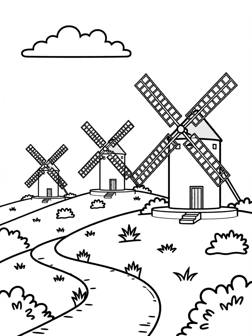 (Spain) Old windmills turning on a hill in the La Mancha countryside.