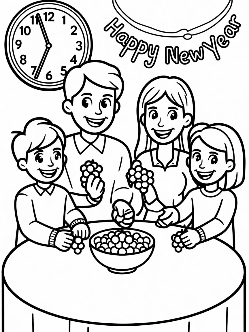 (Spain) A family eating 12 grapes at midnight on New Year’s Eve for luck.