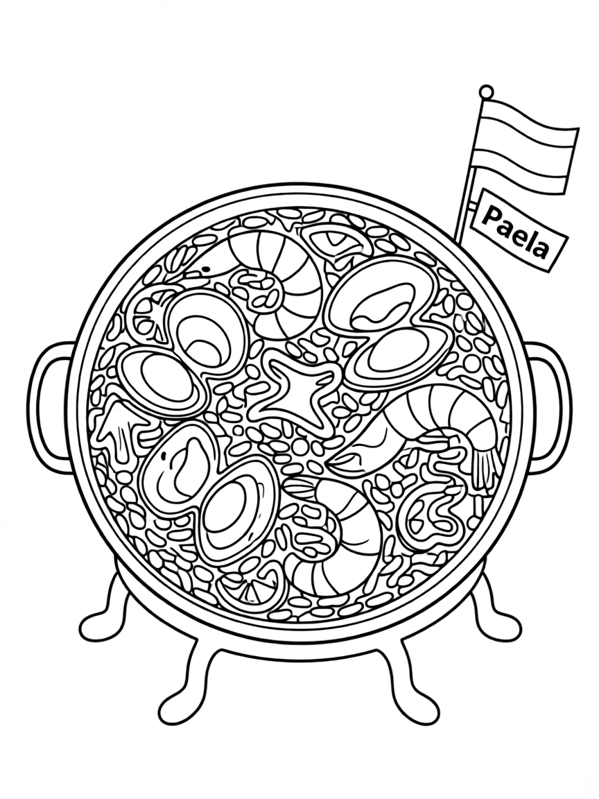 (Spain) A big pan of paella filled with rice, seafood, and vegetables.