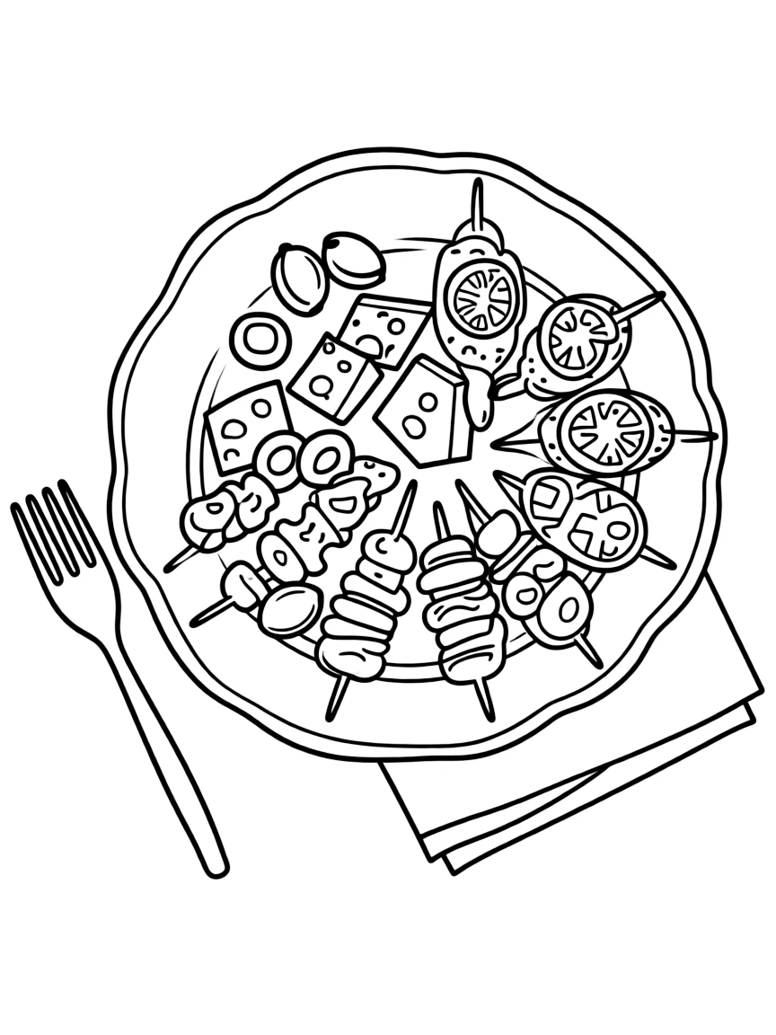 (Spain) A plate of tapas with olives, cheese, and tasty bites to share.