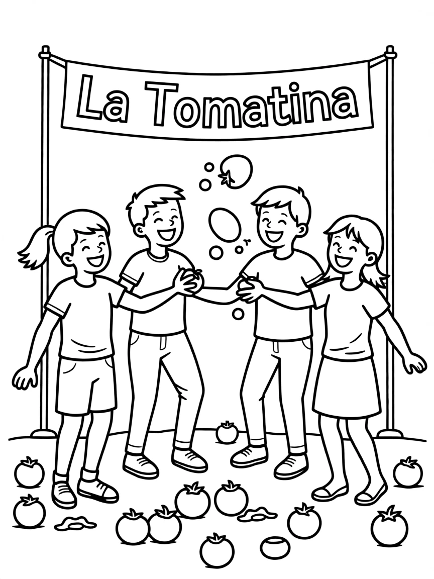 (Spain) People laughing and throwing tomatoes at La Tomatina festival.