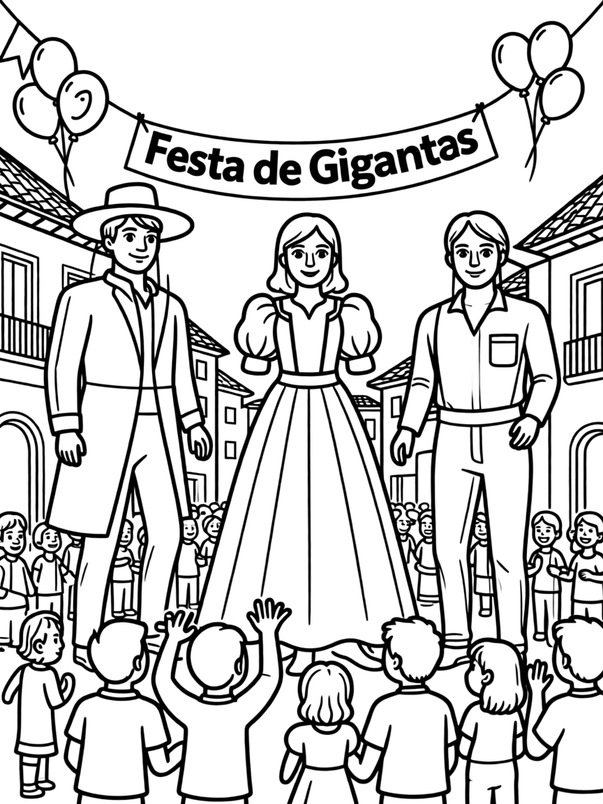 (Spain) Giant puppet figures (Gigantes) marching in a town festival parade.