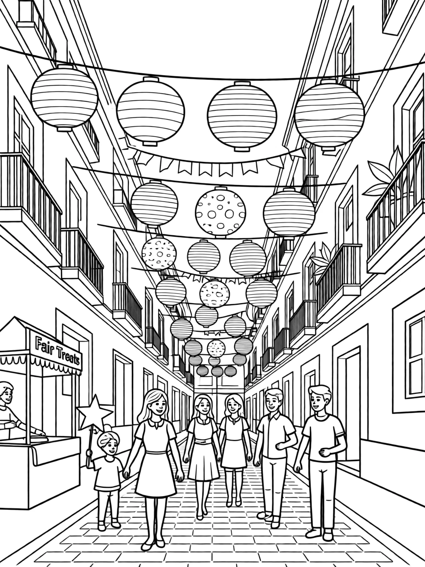 (Spain) A street in Seville decorated with paper lanterns for a fair.