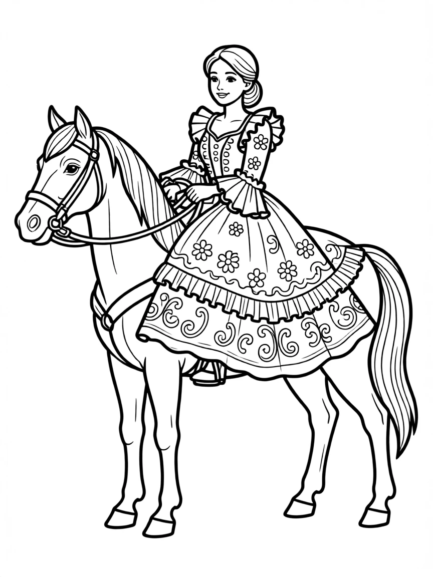 (Spain) A woman riding a horse in a traditional Andalusian dress.