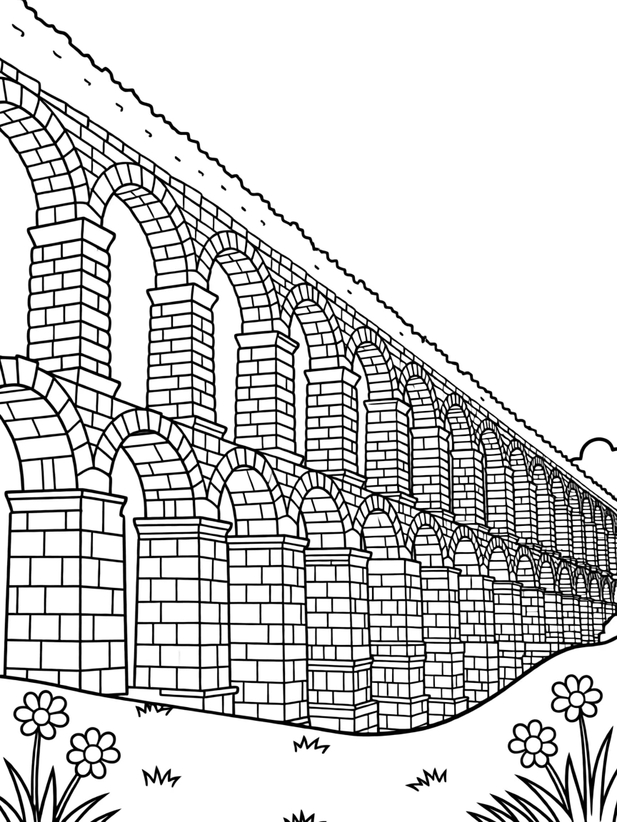 (Spain) The ancient Roman aqueduct of Segovia with its tall stone arches.