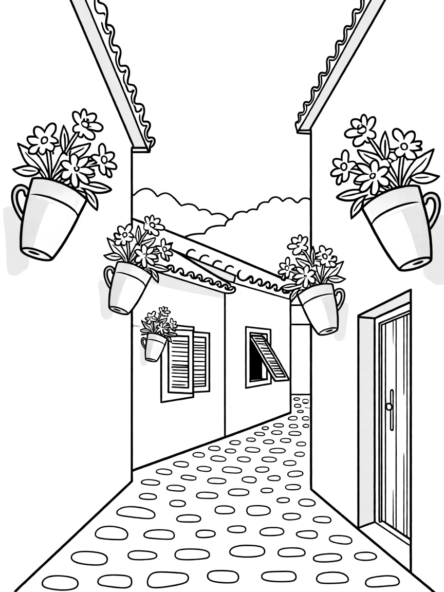 (Spain) A whitewashed Andalusian village with blue flower pots on the walls.