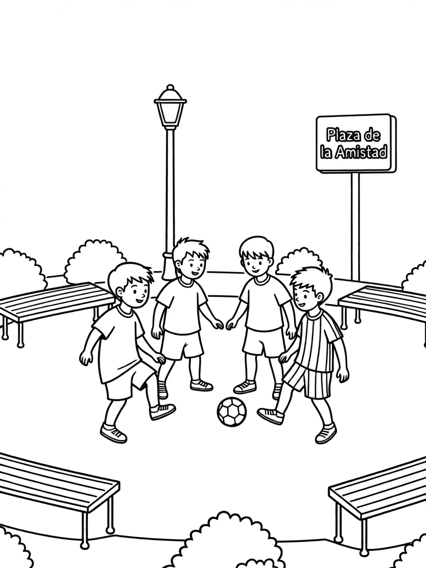 (Spain) Children in team jerseys playing football (soccer) in a plaza.