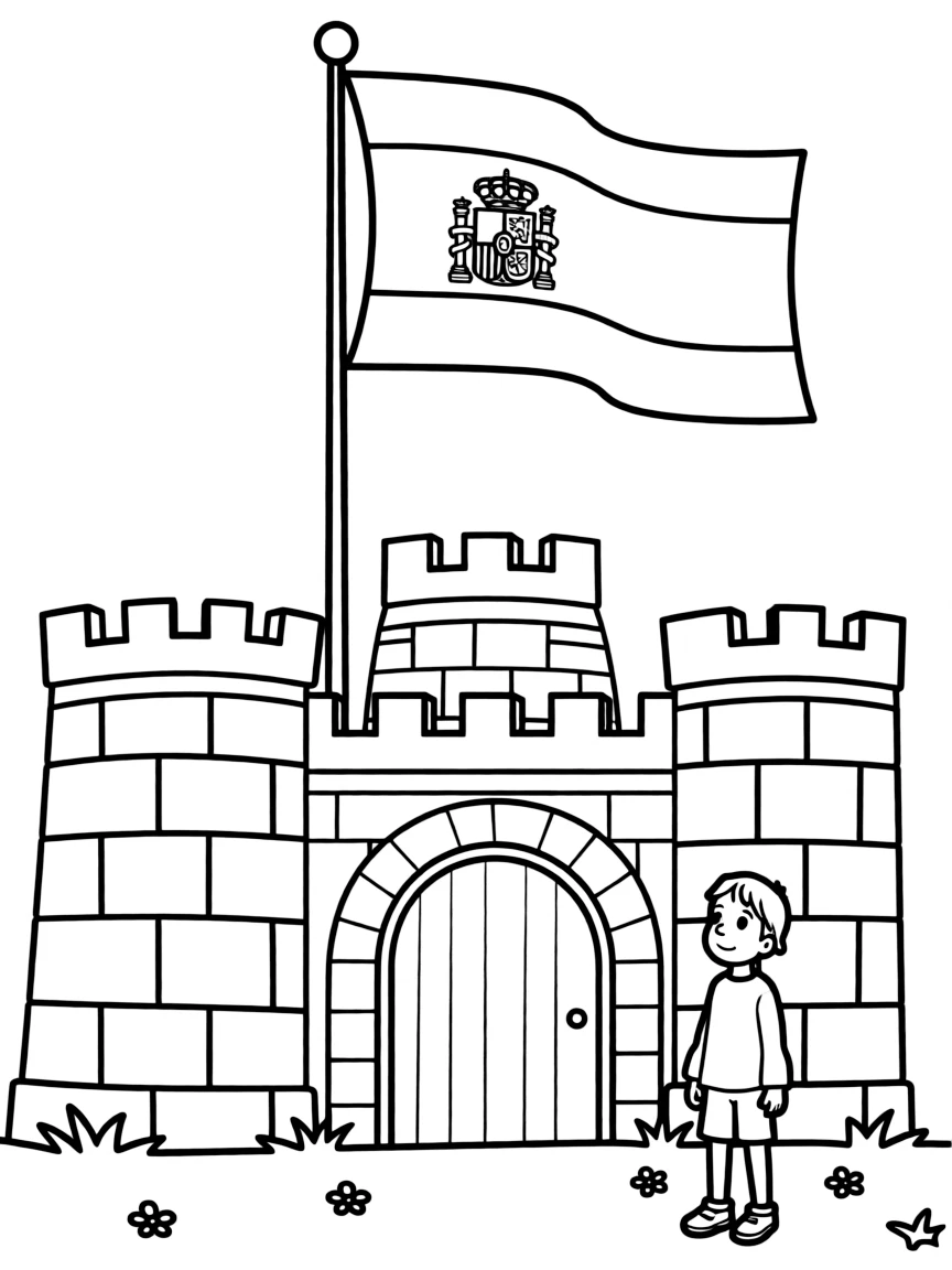 (Spain) The Spanish flag flying high above a historic fortress.