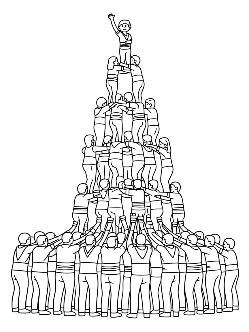 (Spain) A team of Castellers forming a human tower in Catalonia.