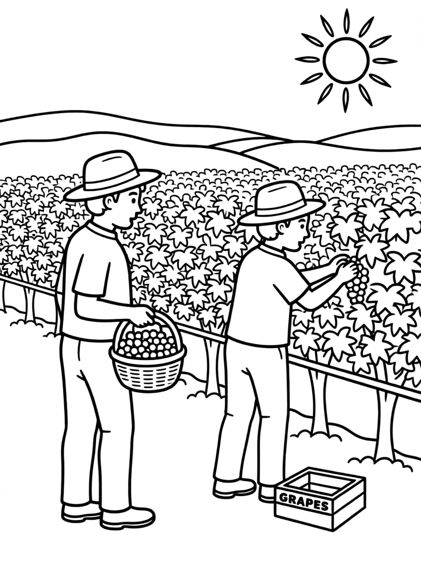 (Spain) Workers harvesting grapes in a sunny vineyard in Spain.