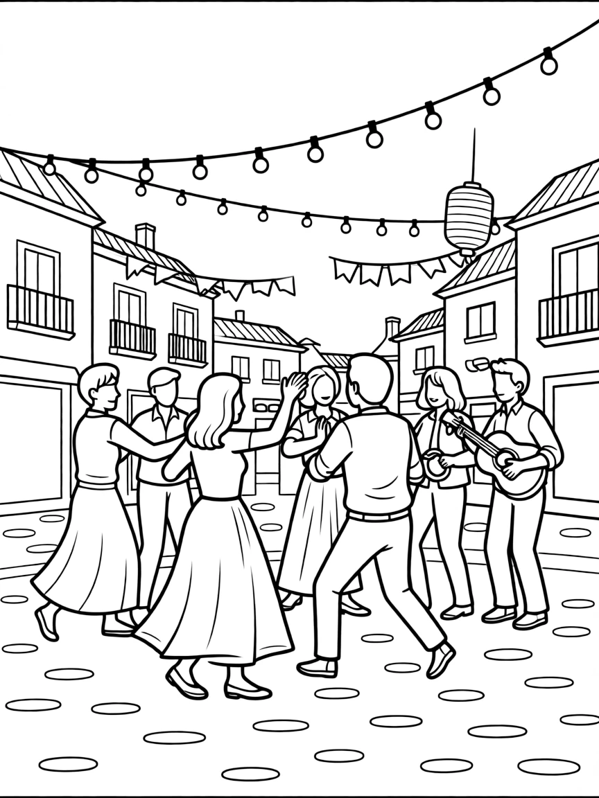 (Spain) A town square fiesta with people dancing under string lights.