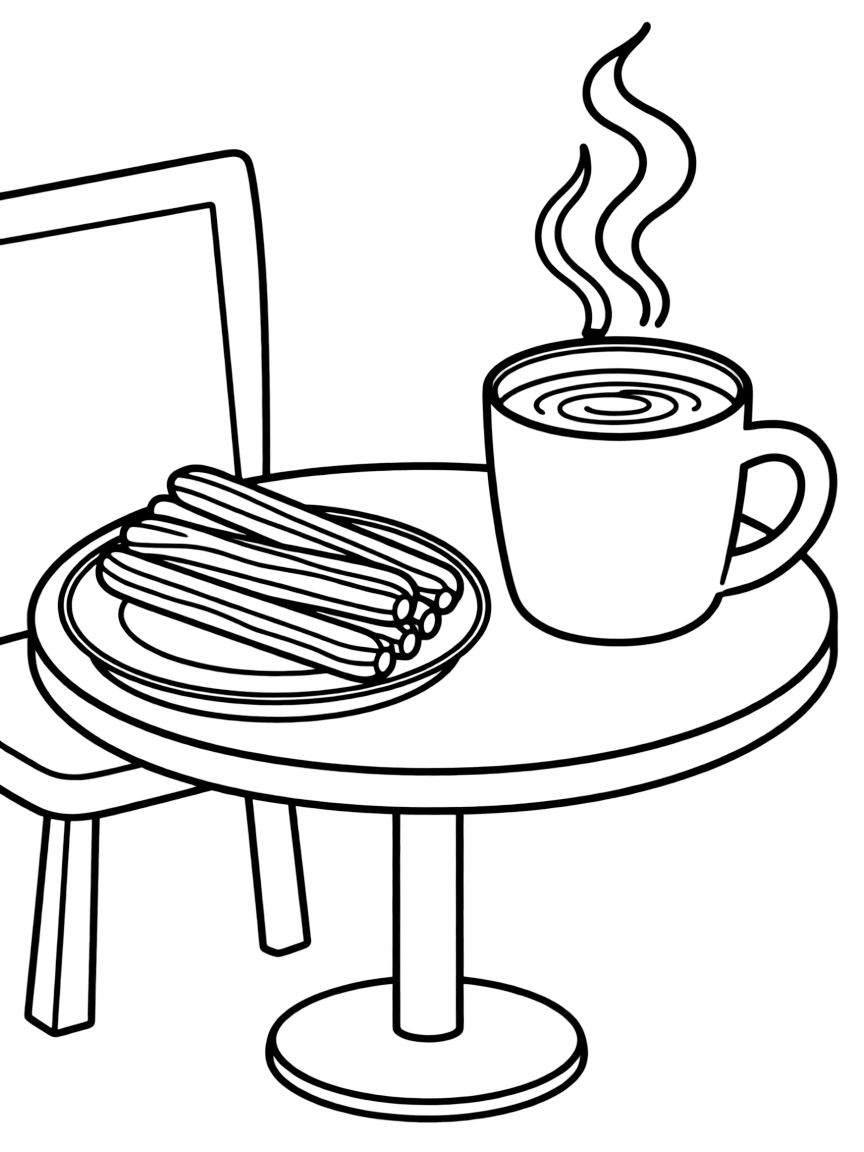 (Spain) Crunchy churros and a cup of thick hot chocolate on a café table.