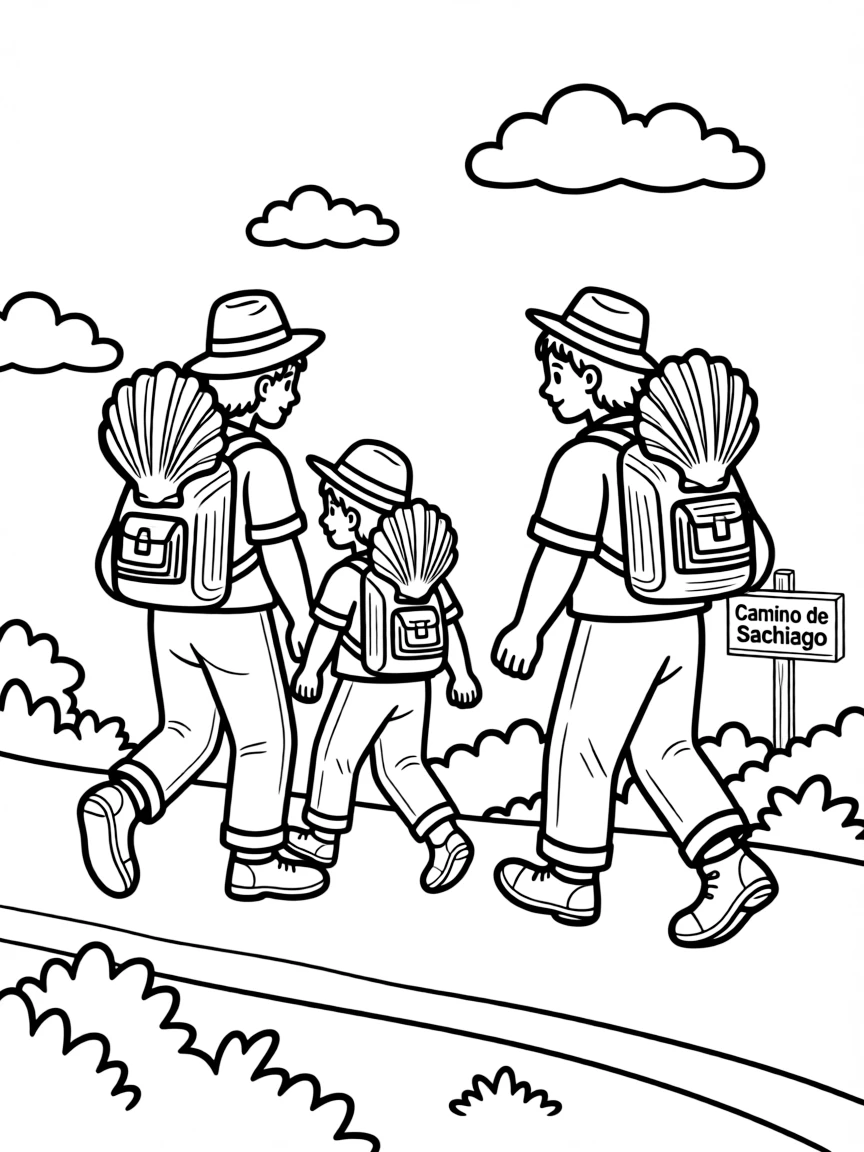 (Spain) Pilgrims walking the Camino de Santiago with shells on their packs.
