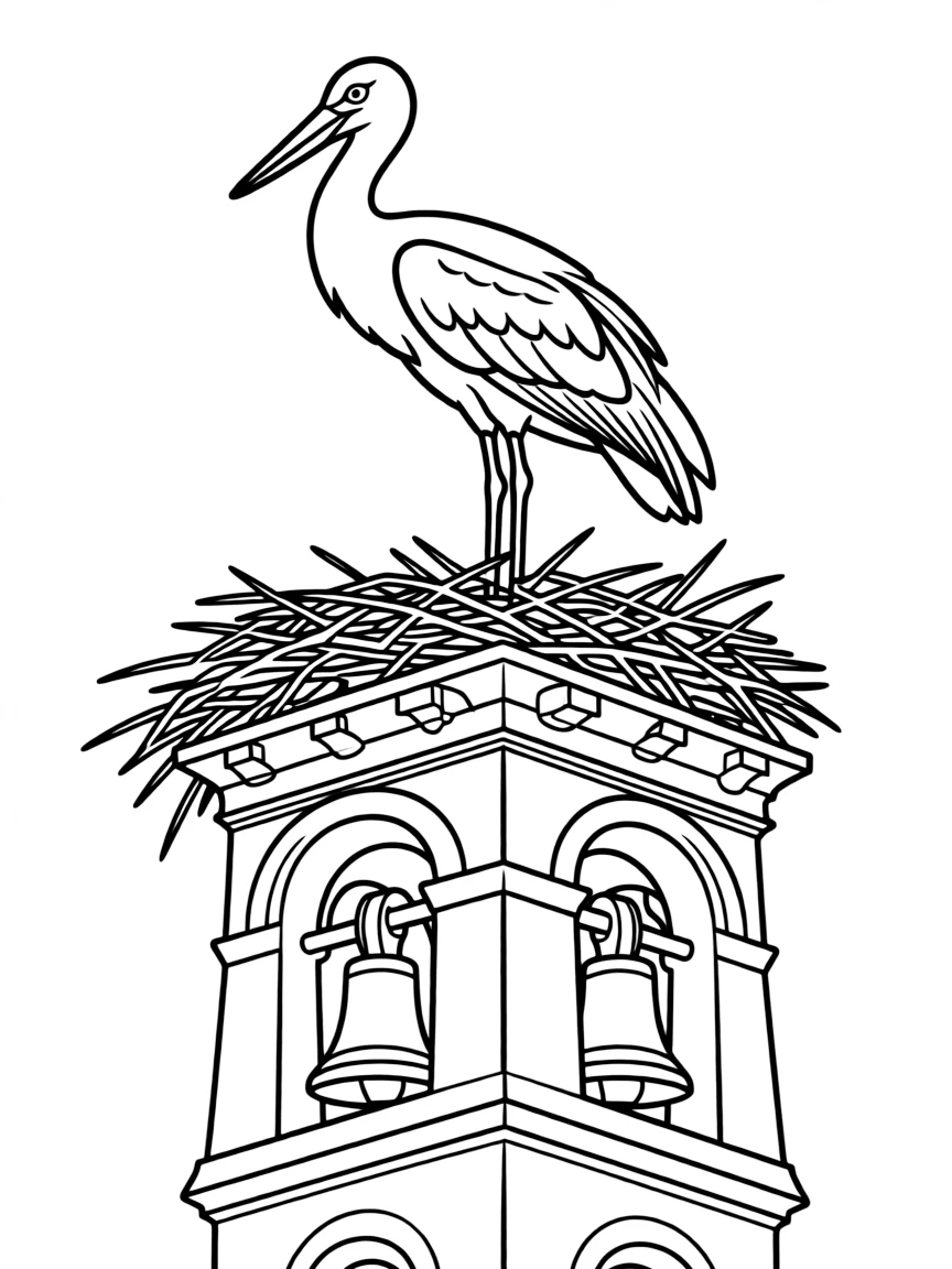 (Spain) A majestic white stork nesting on a church bell tower.