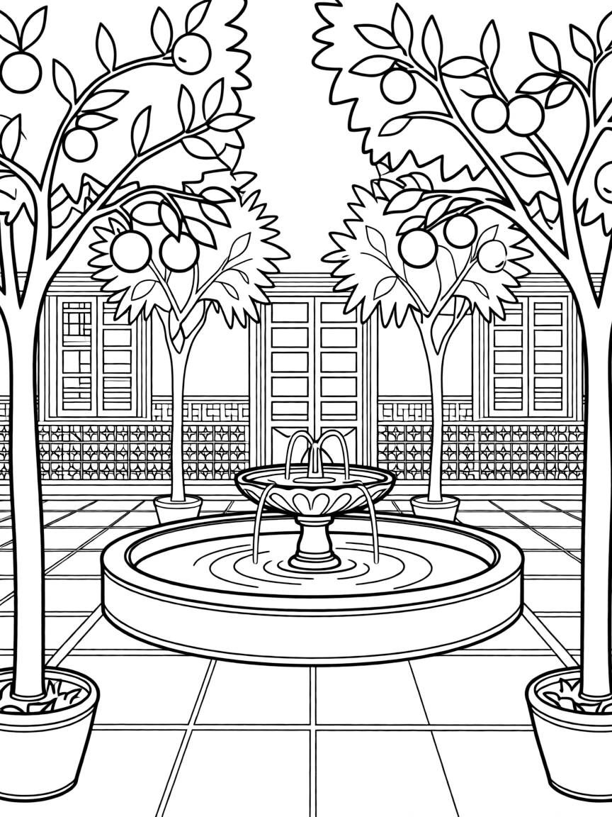 (Spain) An Andalusian courtyard with a fountain and orange trees.