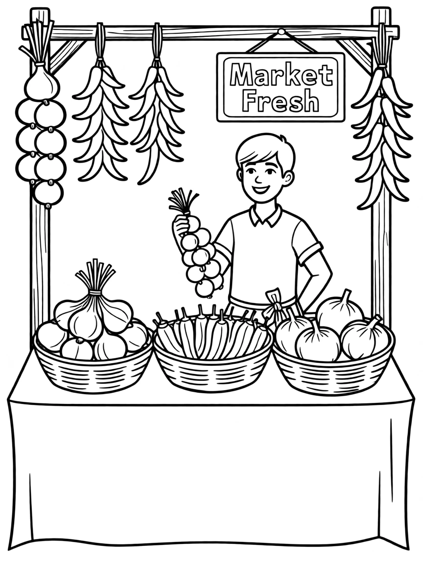 (Spain) A market stall with strings of garlic, chili peppers, and onions.
