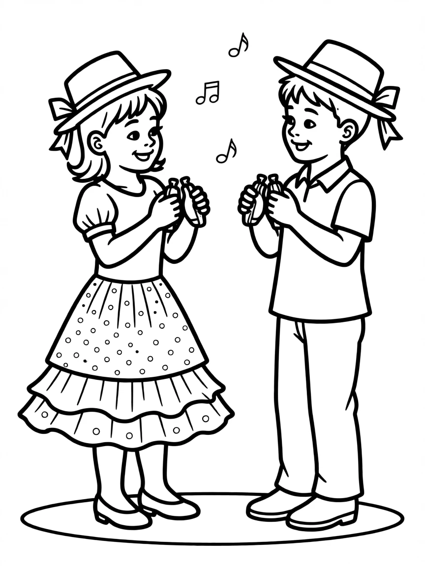 (Spain) Children playing with castanets and wearing little flamenco hats.