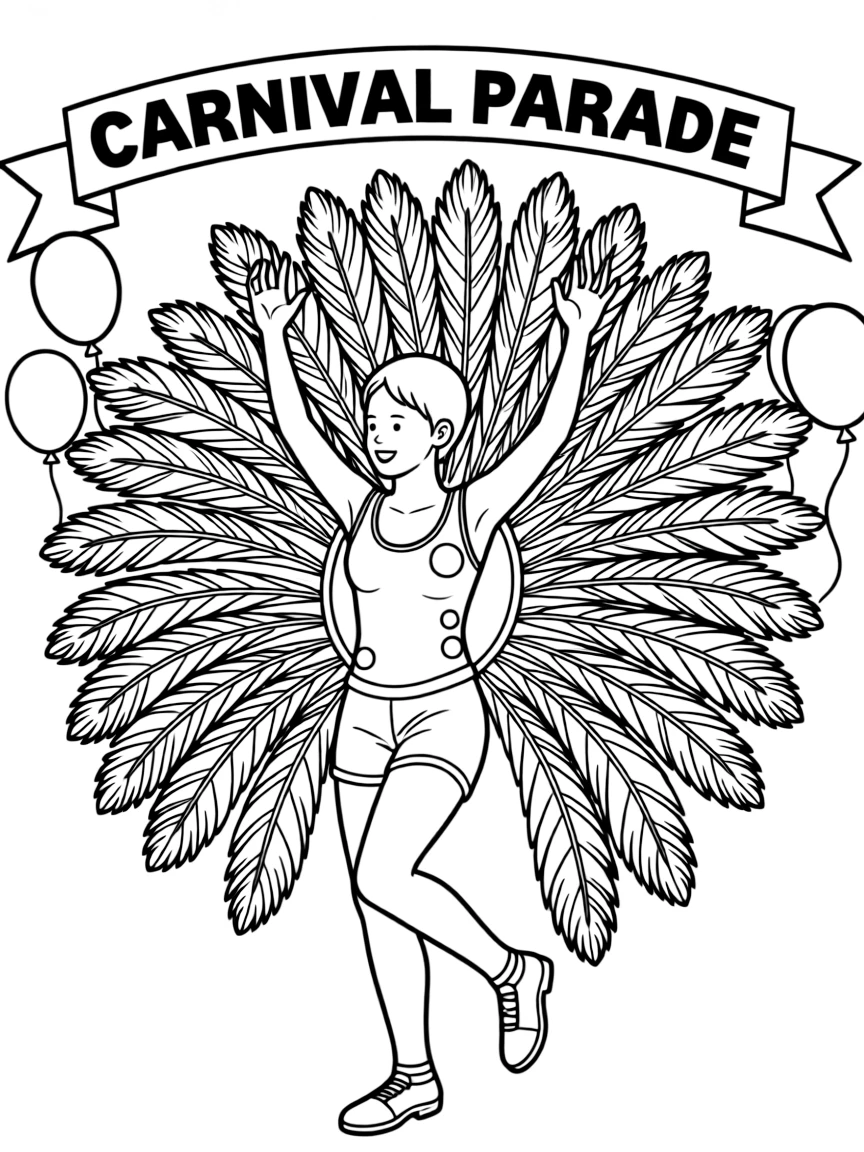 (Spain) A carnival performer in a vibrant feathered costume dancing in a parade.