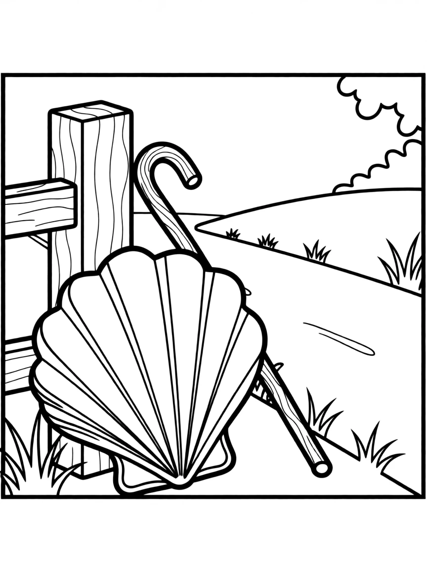 (Spain) A pilgrim’s scallop shell and walking stick resting by a country road.