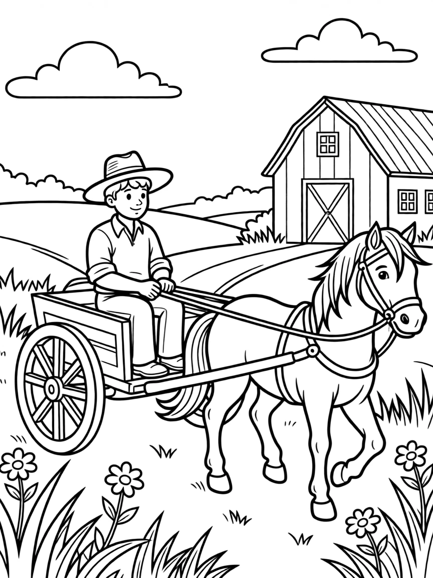 (Spain) A farmer riding a horse-drawn cart through a rural field.