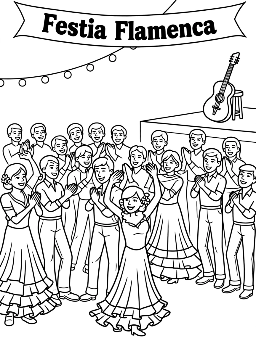 (Spain) A joyful crowd clapping and dancing flamenco together at a festival.