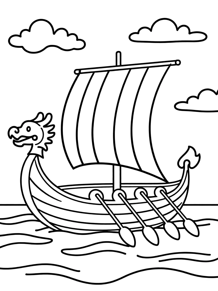 (Denmark) A Viking longship with striped sails sailing on the ocean.