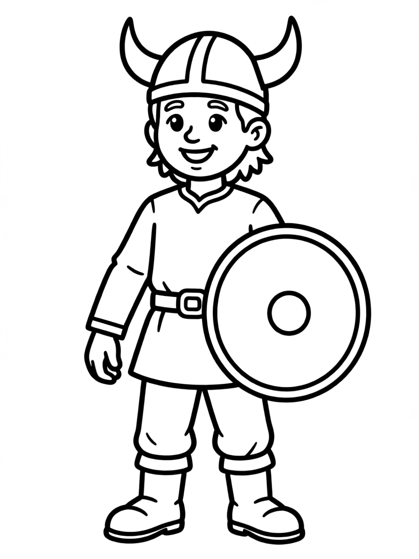 (Denmark) A friendly Viking warrior with a helmet and round shield.