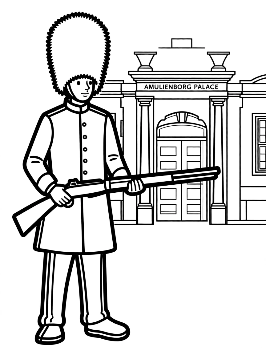 (Denmark) A Royal Guard soldier with a bearskin hat standing at Amalienborg Palace.