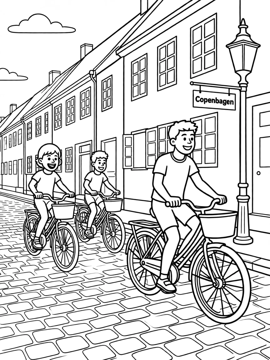(Denmark) People riding bicycles on a cobbled street in Copenhagen.