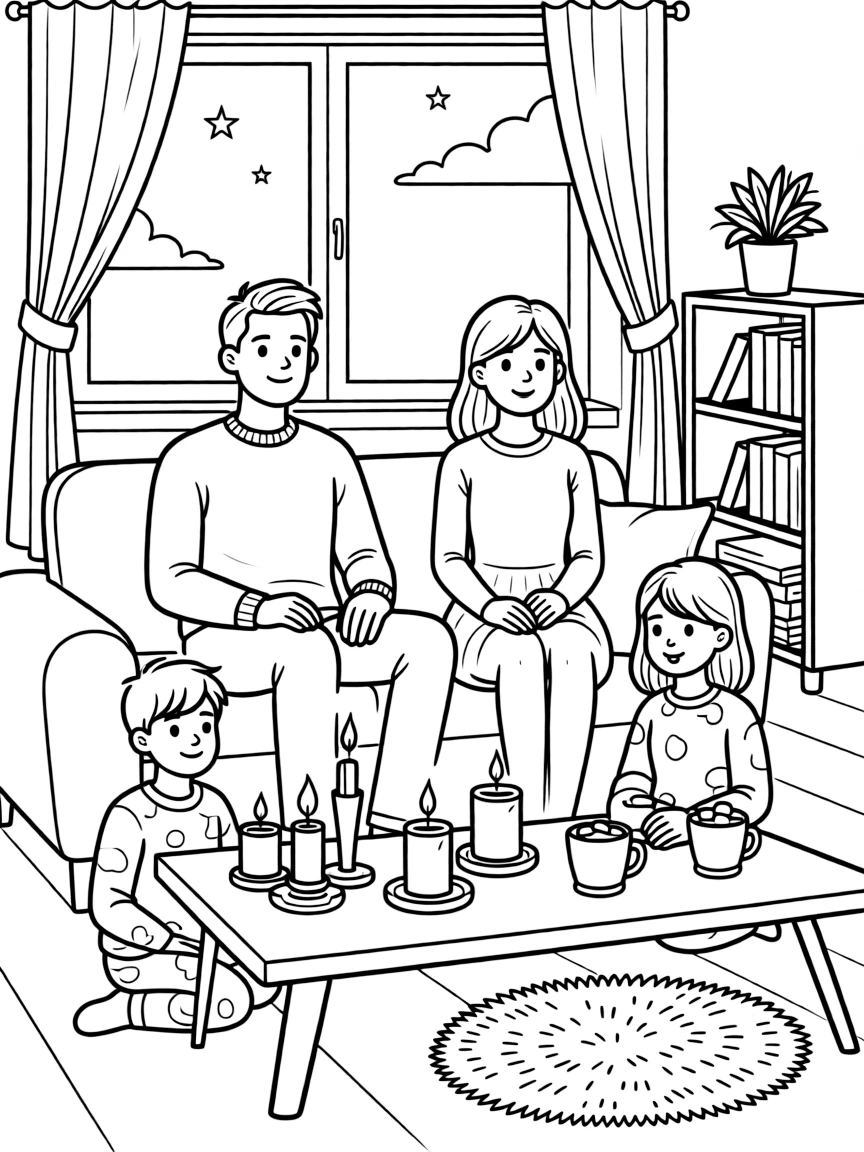 (Denmark) A family enjoying a cozy hygge evening with candles and cocoa.