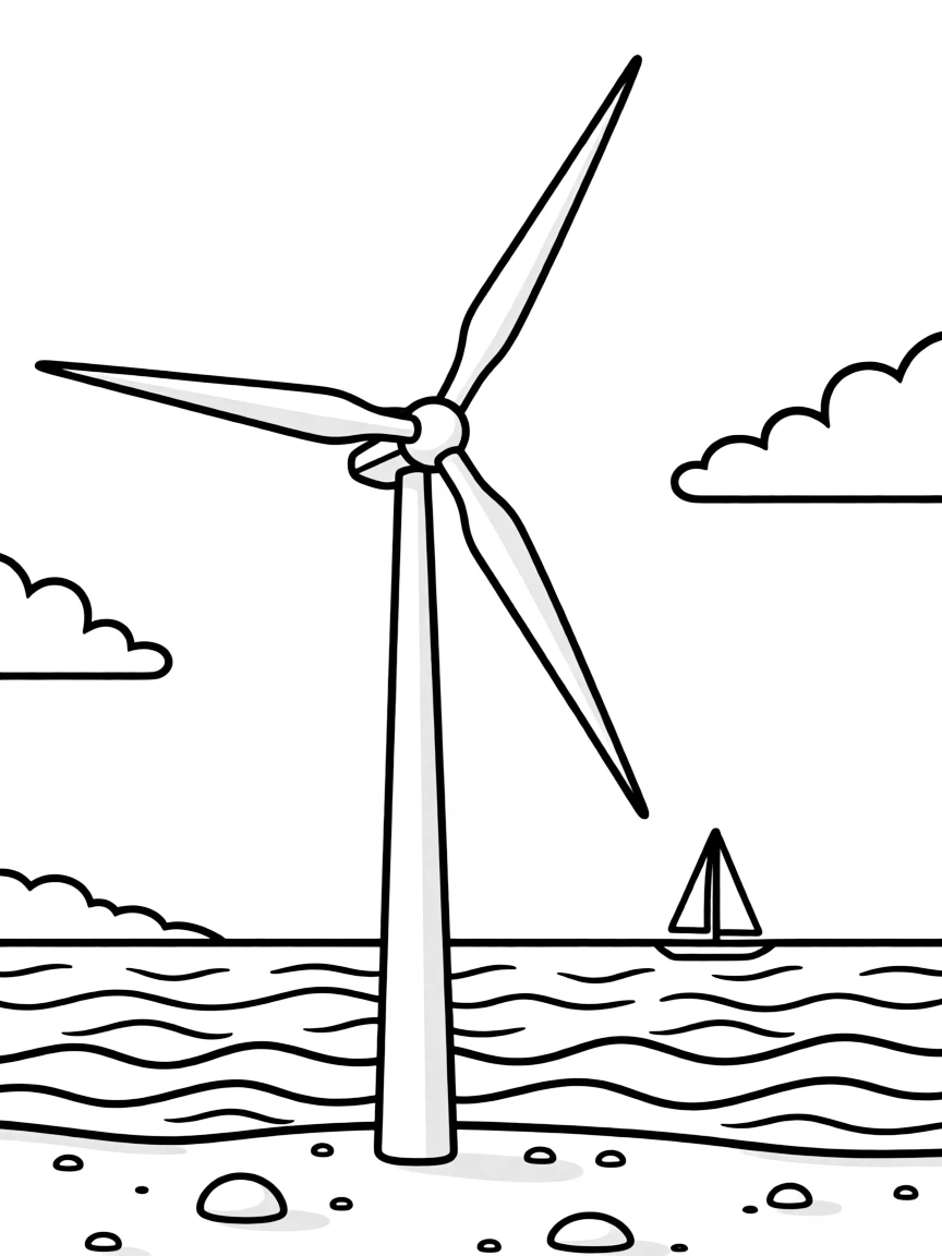 (Denmark) A tall white wind turbine turning on a windy seashore.