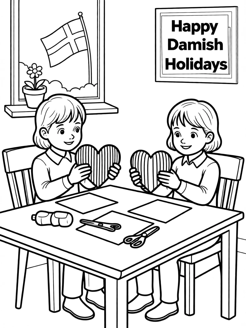 (Denmark) Children crafting red-and-white woven paper heart ornaments.