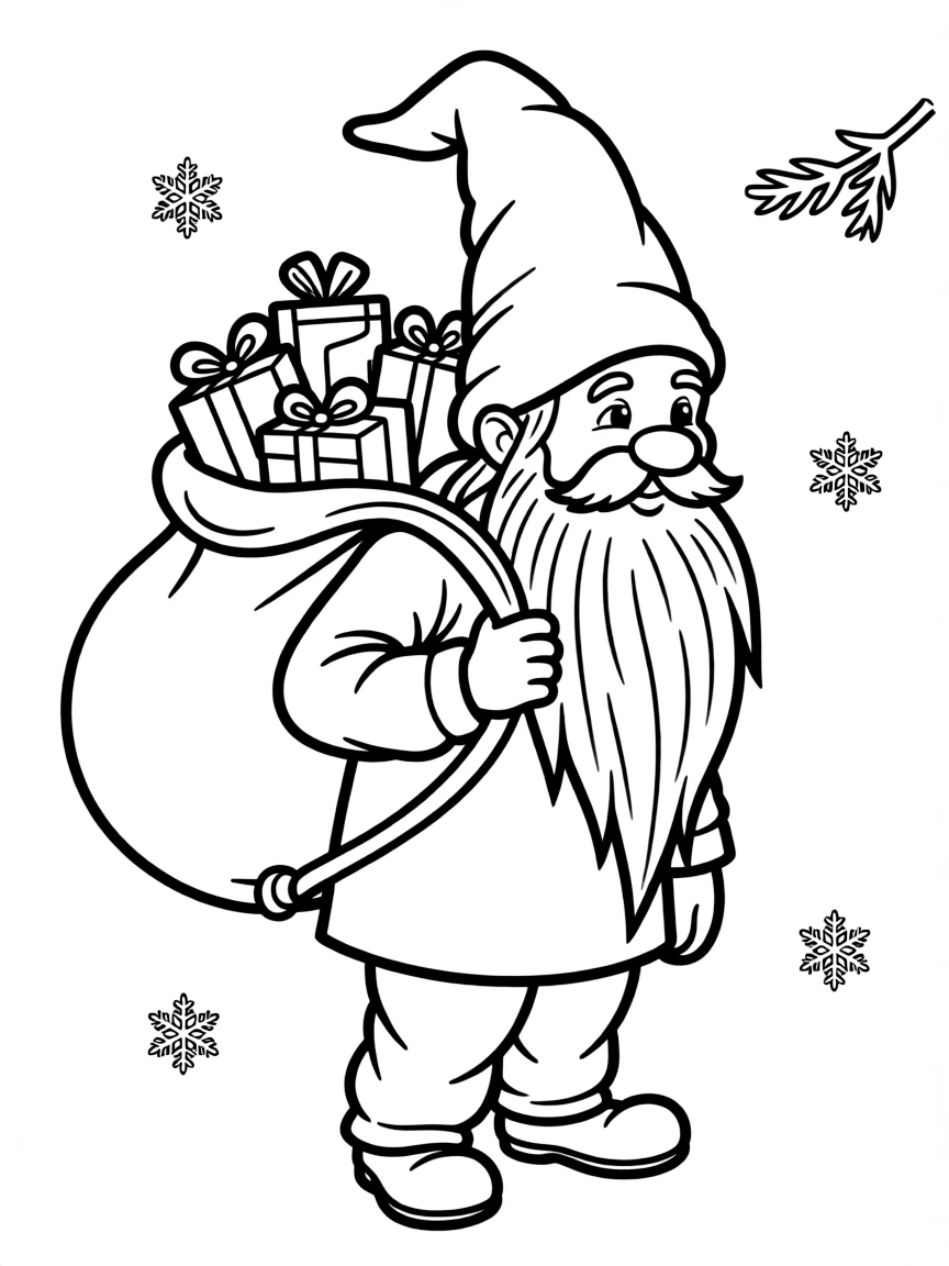 (Denmark) A Christmas gnome (nisse) with a long beard and red cap carrying gifts.