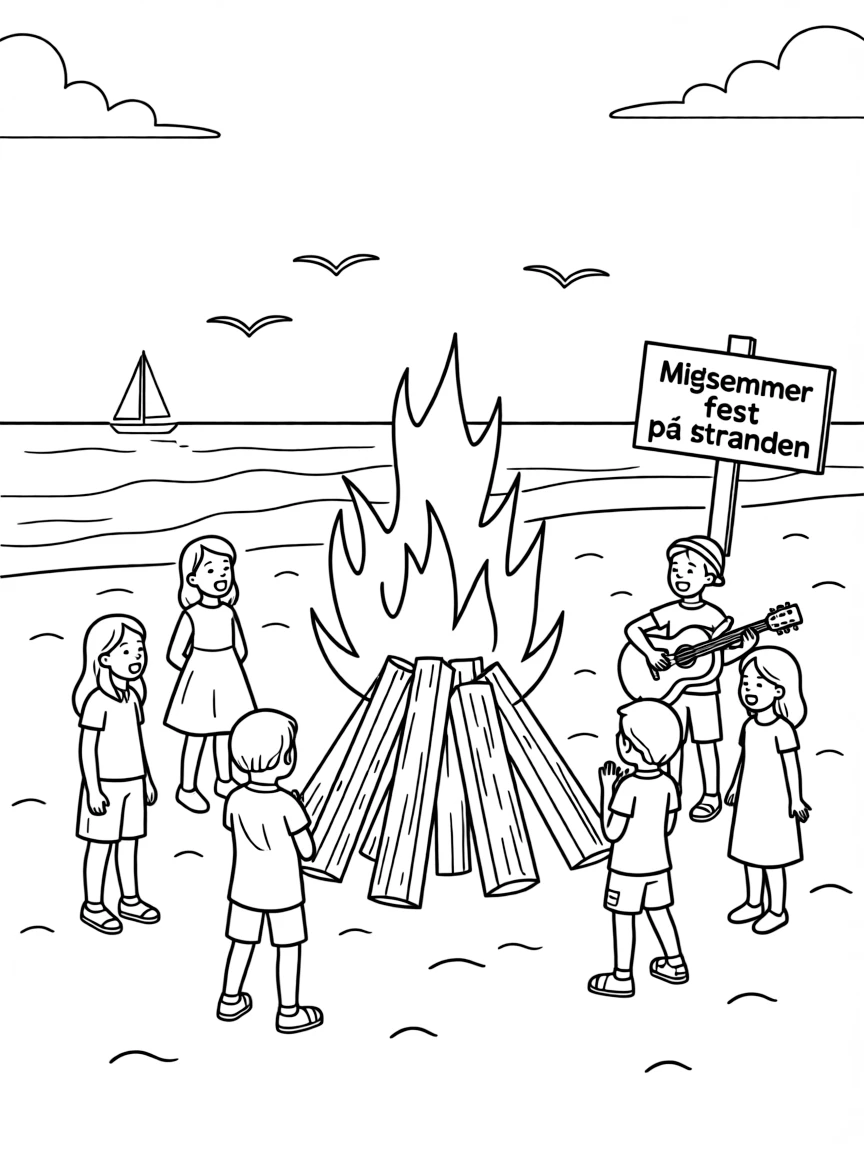 (Denmark) A bright Midsummer bonfire on a beach with people singing.