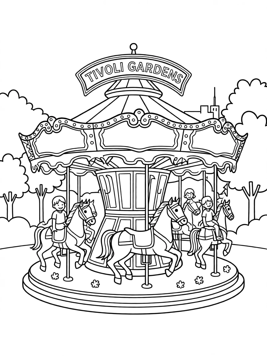 (Denmark) A carousel ride lit up at night in Copenhagen’s Tivoli Gardens.