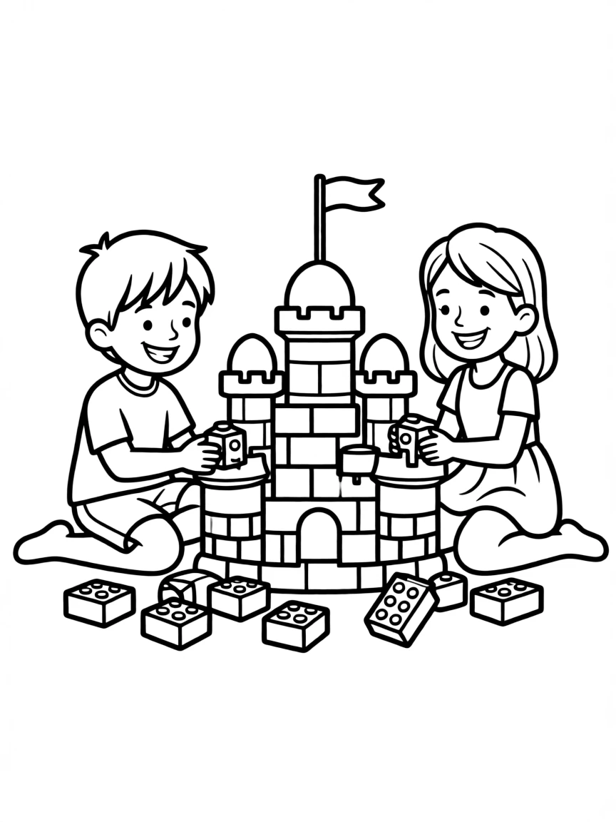 (Denmark) Kids building a castle out of LEGO bricks on the floor.