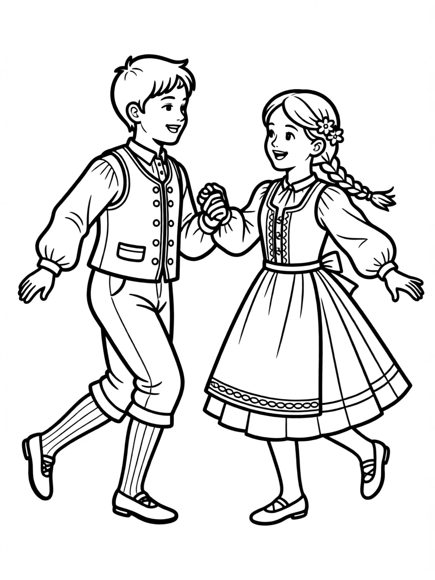 (Denmark) A boy and girl in traditional Danish folk costumes dancing.