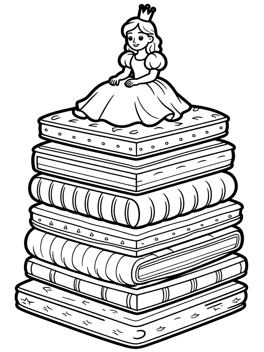 (Denmark) The princess from “The Princess and the Pea” on a tall stack of mattresses.