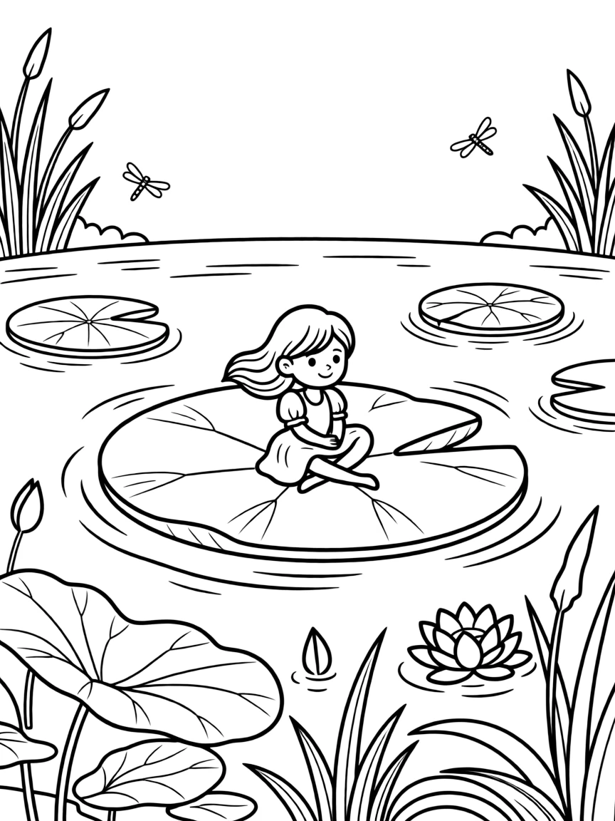 (Denmark) Tiny Thumbelina floating on a lily pad in a pond.