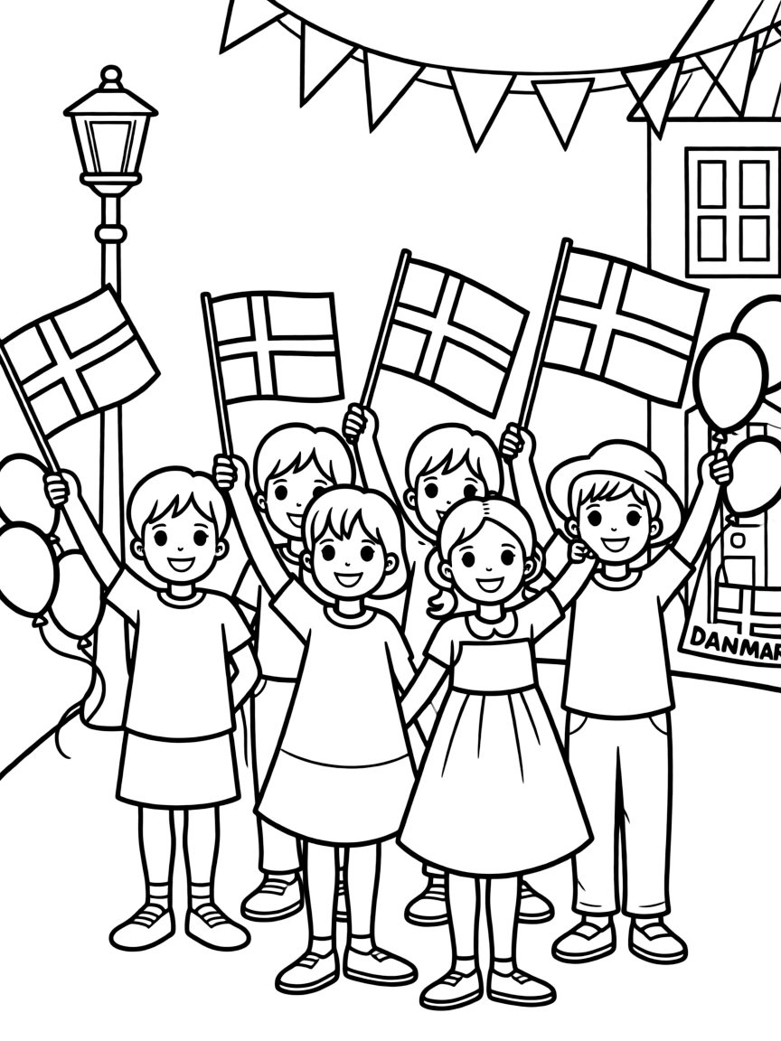 (Denmark) Children waving Danish flags at a festive parade.